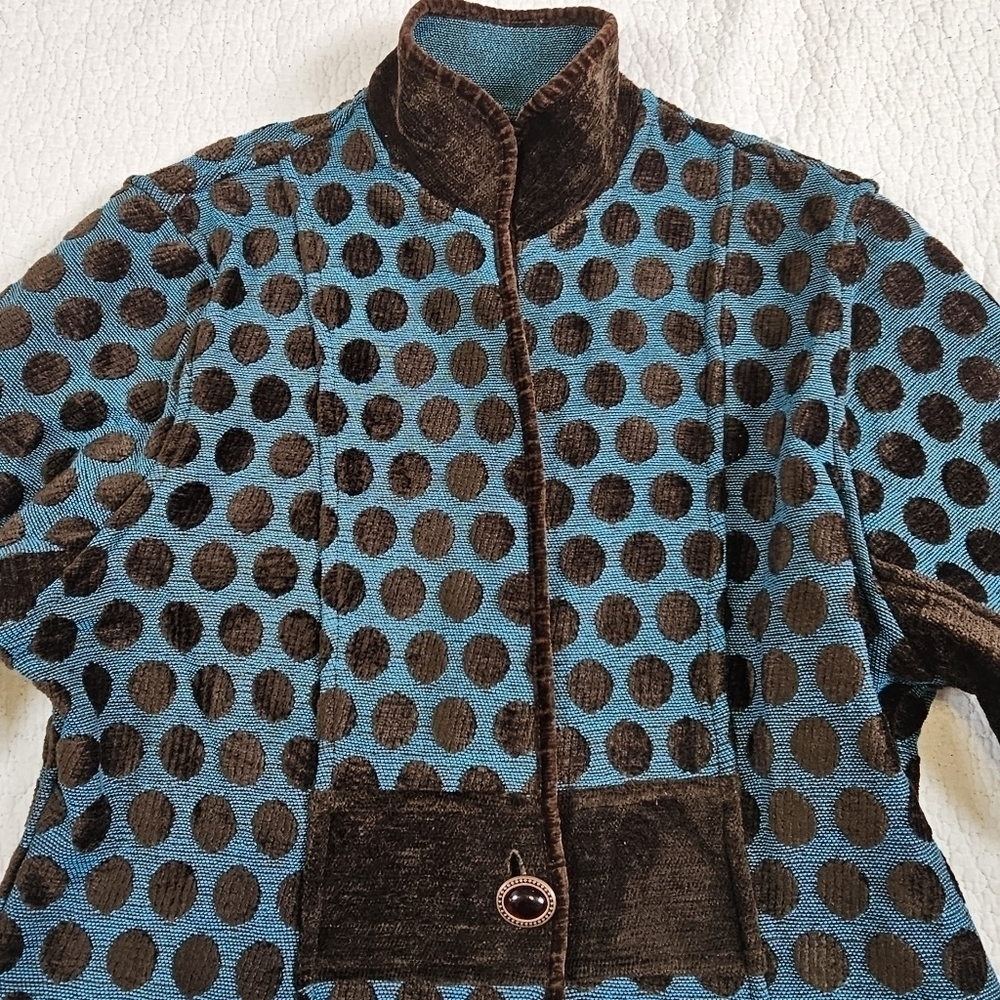 Khangura Reversible Tapestry Brown and Blue Polka Dot Blazer Jacket - Picture 6 of 11